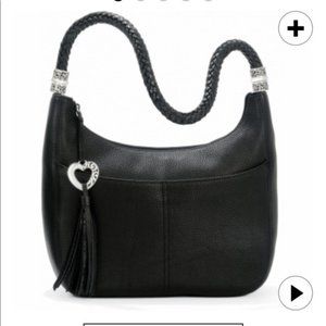 Brighton Black Leather Hobo Crossbody Bag with Silver Accents